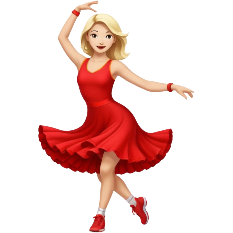 mujer atlética bailando, colores vivos, expresión alegre emoji