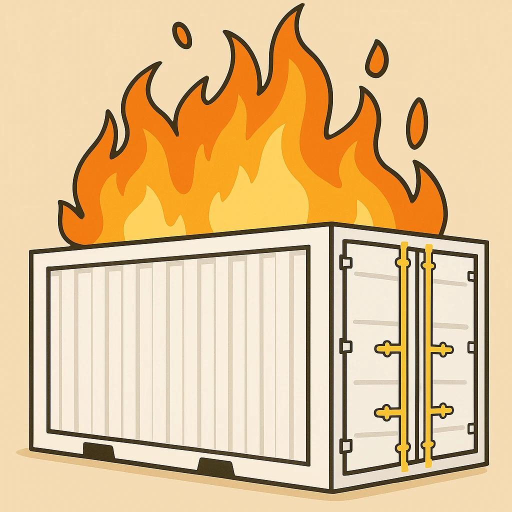 Change the shipping container to white, keep the fire and flat toon style the same emoji