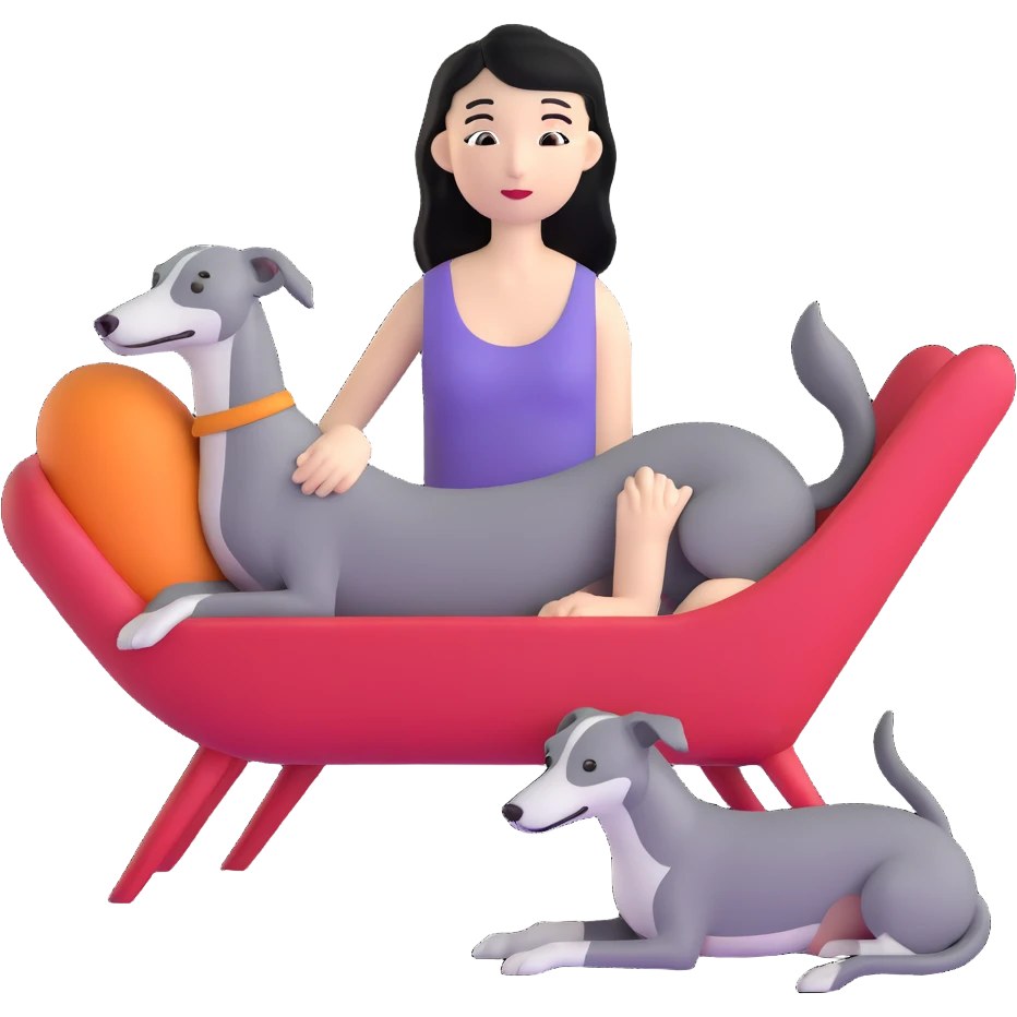Very thin Chinese woman with long black hair relaxing in a luxurious hotel suite with exactly ONE whippet dog. EXTREME IMPORTANCE: the whippet must be ONE SOLID MEDIUM GREY COLOR (not too dark, not too light) from nose to tail with ABSOLUTELY NO WHITE MARKINGS anywhere - NO white on face, NO white on muzzle, NO white on chest, NO white on paws, NO white on tail - NOTHING BUT A SINGLE SHADE OF MEDIUM GREY throughout the entire animal emoji