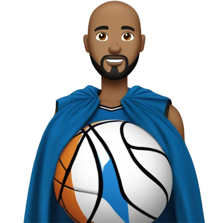 The bald head beard and goatee basketball with blue and black NYK cape. emoji
