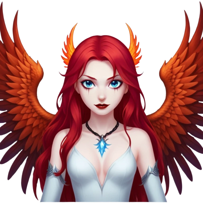 full body portrait of an extremely diabolical girl with pale white skin, massive towering wings, very long flowing blood red hair, glowing blue eyes, black hellfire aura, no horns, evil grin, no necklace emoji