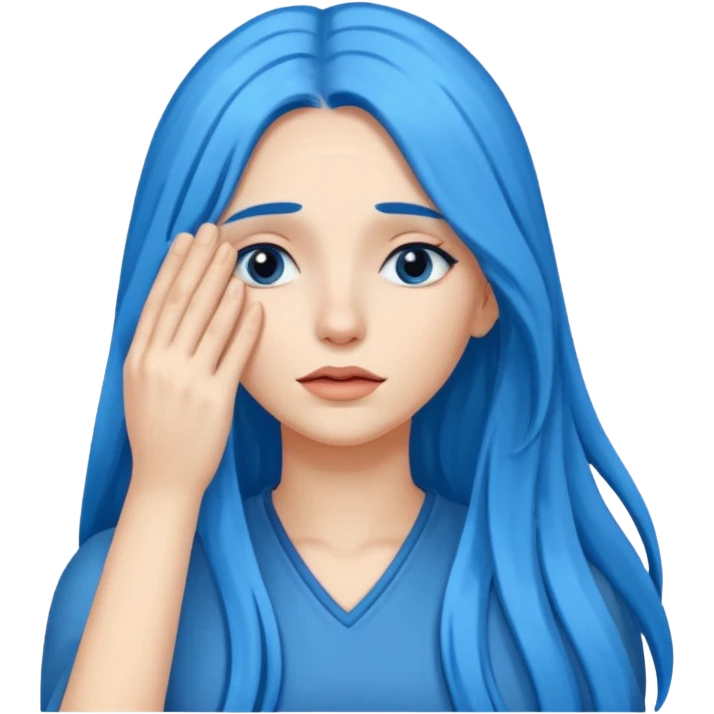 Woman with hand over eyes with long blue hair emoji