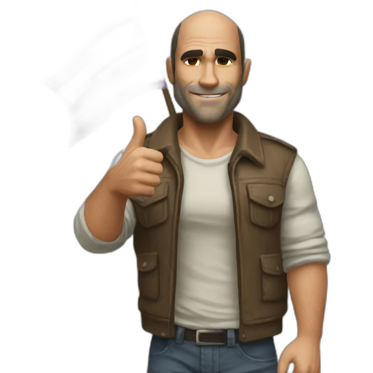 Trevor Philips holding a gay flag and giving a thumbs up emoji