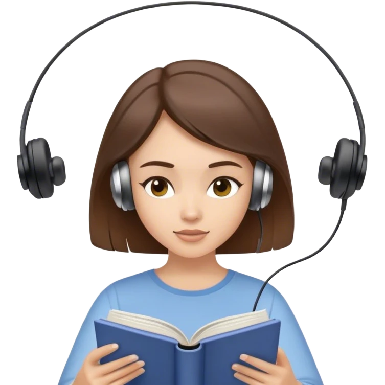 Brunette haired girl reading online book with wired earbuds emoji