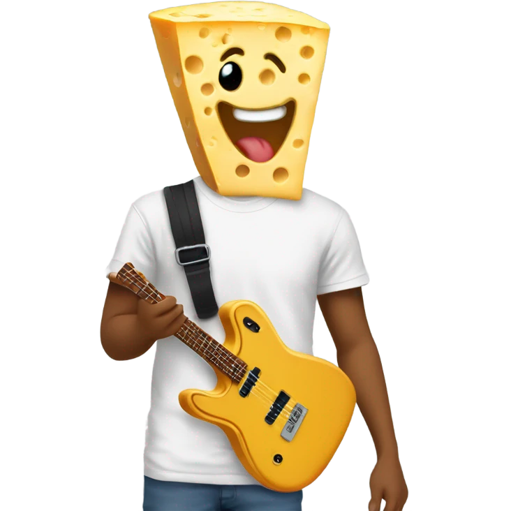 A slice of cheese with a goofy face wearing a band t shirt  emoji