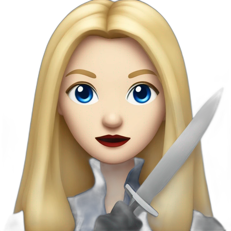 beautiful vampire spy woman with long blonde hair and blonde straight bangs and blue eyes wielding knives serious expression emoji