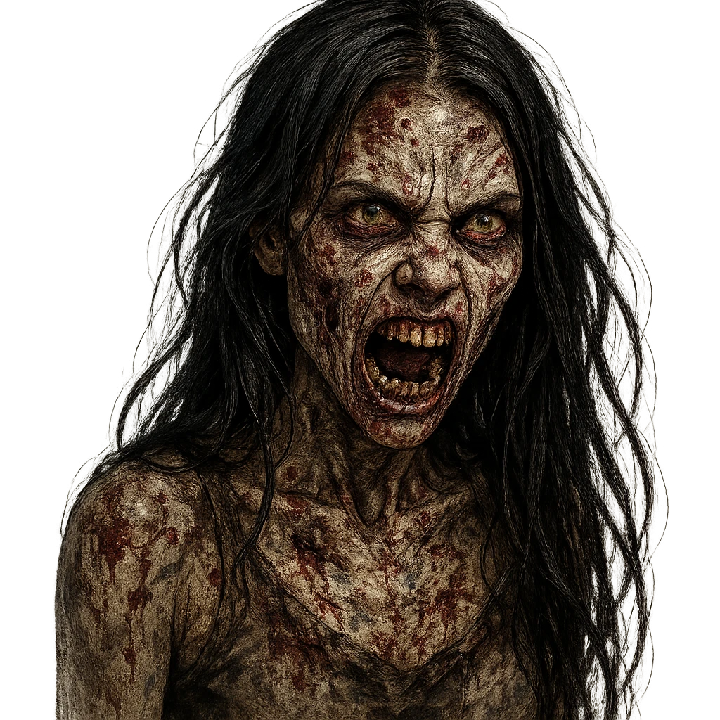girl zombie with long black hair, snarling with teeth, intense and detailed emoji