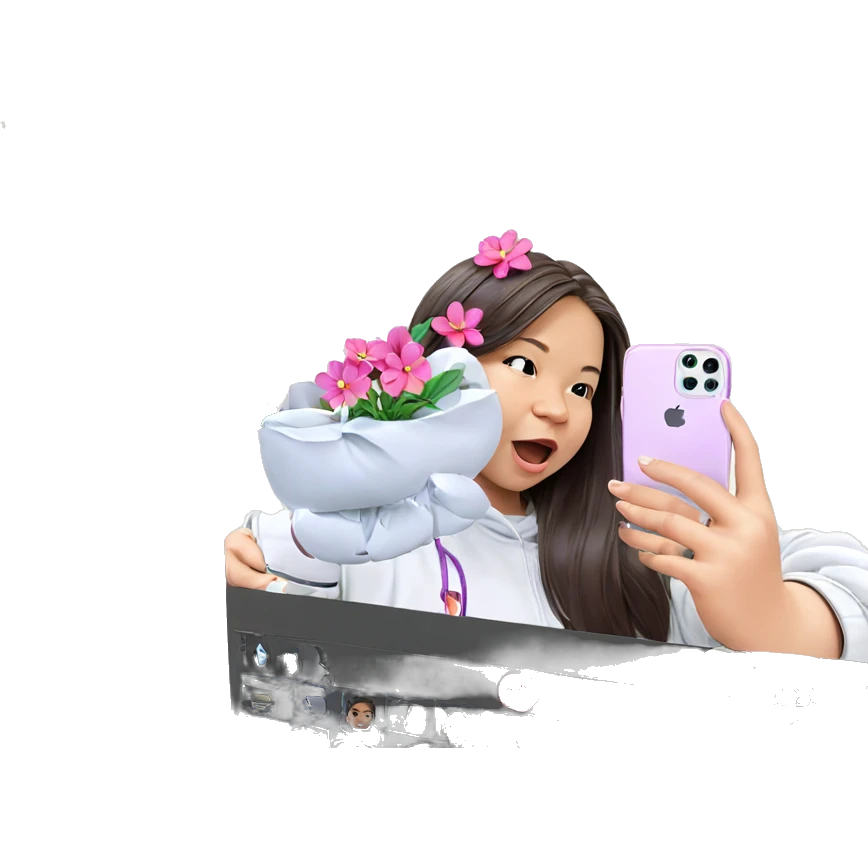 girl taking selfie with flower emoji
