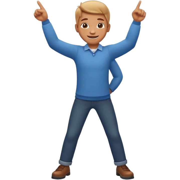 emoji of a cheerful cartoon person pointing down at the ground with both hands — standing straight, smiling confidently, arms bent and both index fingers extended downward — simple background, bright lighting, clean expressive Apple emoji design, playful and clear “here” meaning emoji