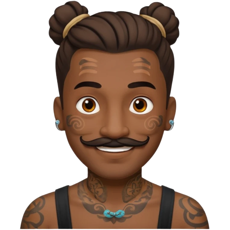 bun hair man and mustache and face tattoos very heavy emoji