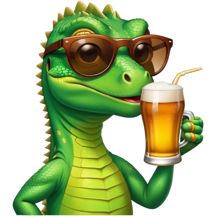 A lizard wearing sunglasses and drinking a beer emoji