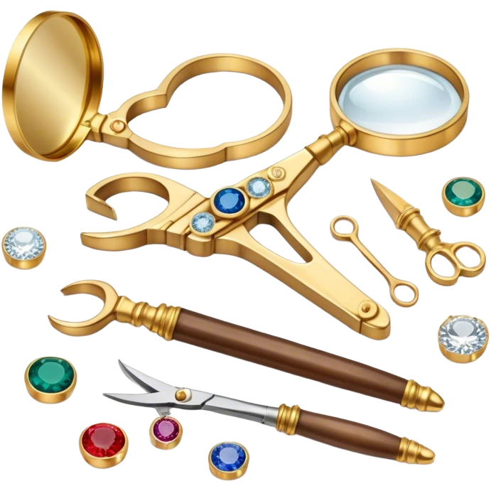 Create an icon that represents the art of jewelry making. The design should include a jeweler's workbench, tools like pliers, a magnifying glass, and various precious materials such as gemstones, gold, and silver. Feature a partially crafted piece of jewelry, like a ring or necklace, showcasing intricate details and craftsmanship. The composition should evoke elegance and precision, reflecting the skill and artistry of jewelry making. The background should be transparent. emoji