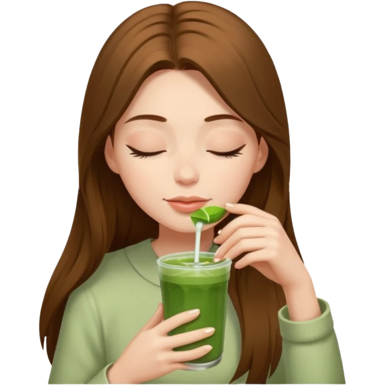 White girl with long  brown hair eyes closed enjoying matcha drink  emoji