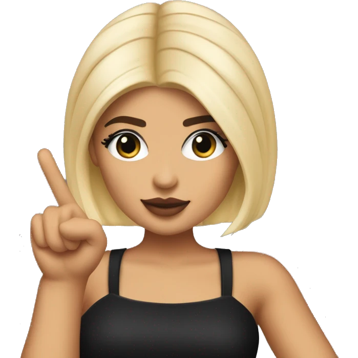 Emoji of Kylie Jenner with blonde hair in a black mini dress, confidently pointing forward with a stylish, influencer vibe emoji