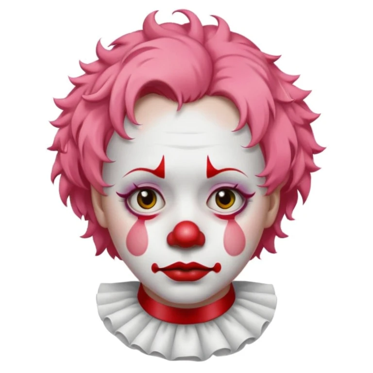 close-up portrait of a sorrowful clown emoji, white face paint, red nose, minimalist makeup, single tear, short curly pastel pink hair, simple ruffled collar, soft lighting, polished finish, white background emoji