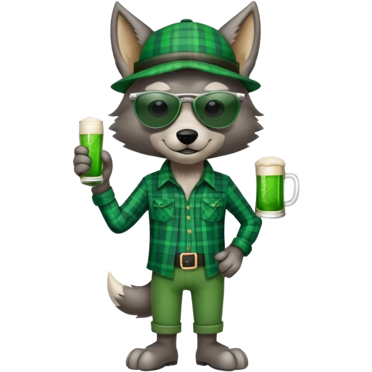 full-body friendly anthropomorphised wolf in green plaid shirt and green attire for St. Patrick's Day, wearing dark sunglasses, upright pose emoji