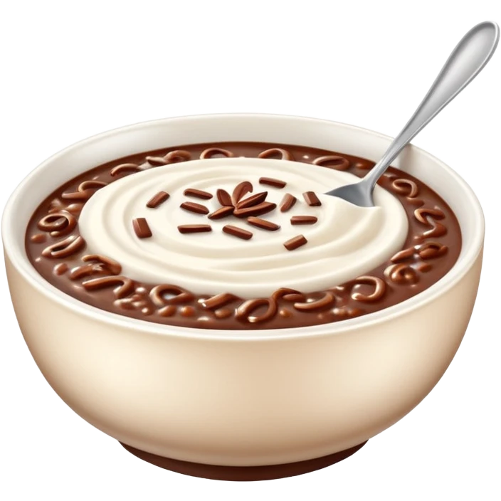 realistic emoji of champorado, chocolate rice porridge in a bowl, glossy surface, creamy milk swirls, and a spoon, highly detailed and lifelike emoji