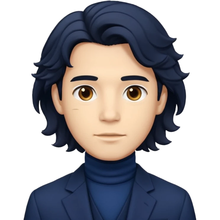 young gentleman emoji, wavy black hair, wearing a blazer and turtleneck, confident look emoji