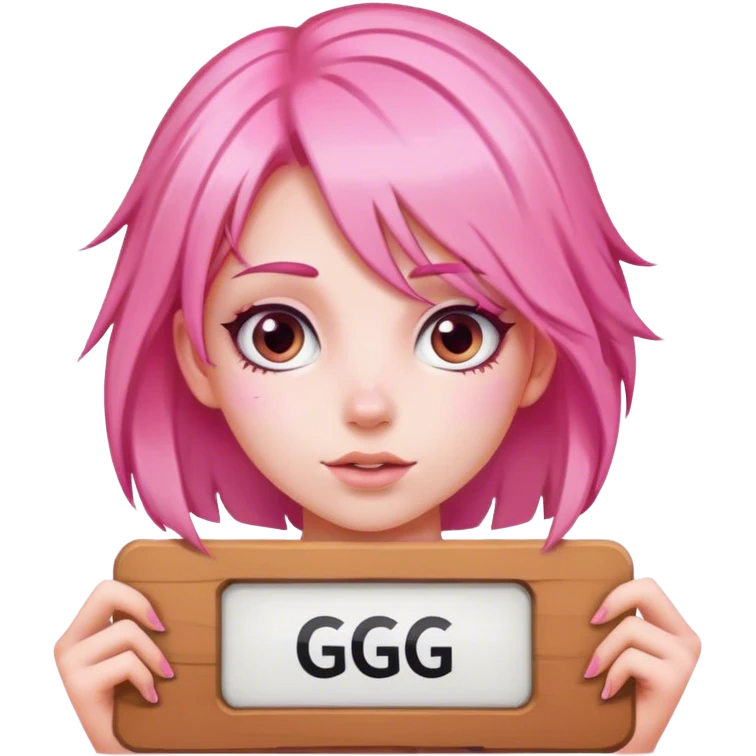 girl with pink hair, big sign, sign says GG emoji