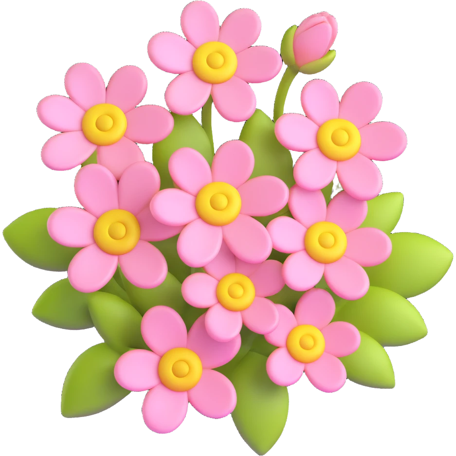 Recreate a cluster of soft pink flowers with yellow centers, matching the shape and arrangement of the reference image. Render with a soft, rounded, glossy 3D iOS emoji style on a white background. emoji