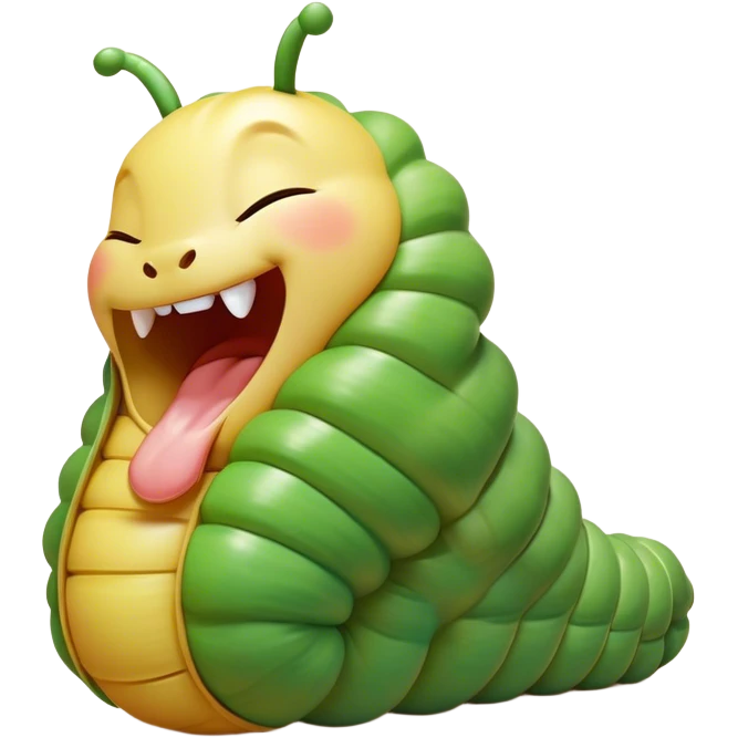 Cinematic Adorable Yawning Caterpillar Portrait Emoji, Head tilted slightly with a dramatic, wide-open yawn, showcasing a plump, segmented body with softly drooping edges and sleepy, half-closed eyes, Simplified yet irresistibly cute features, highly detailed, glowing with a soft, cozy natural glow, high shine, relaxed yet expressive, stylized with a dash of whimsical transformation charm, soft glowing outline, capturing the essence of a drowsy caterpillar that appears ready to stretch and yawn its way out of the screen! emoji