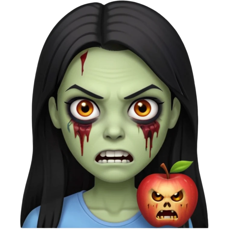 девушка зомби с темными длинными прямыми волосами, с черными макияжем глаз, тонкими бровями, со злым выражением лица и ровными белыми зубами в стиле Apple avatar emoji