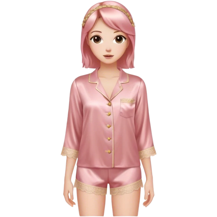 Rose gold silk pajama set, shorts with lace trim emoji