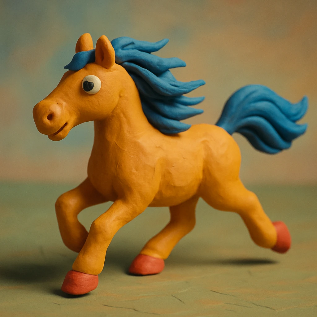 horse running with flowing mane, vibrant colors, soft lighting, claymation style emoji