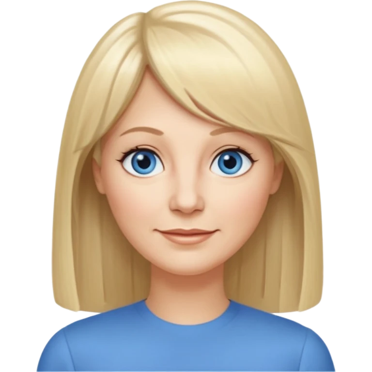 50 yr old white woman, center part bangs, very long straight blond hair, oval face, small smile, blue eyes, thin face, hair downback, hair parted at center of head, round cheeks, pale, longer hair emoji