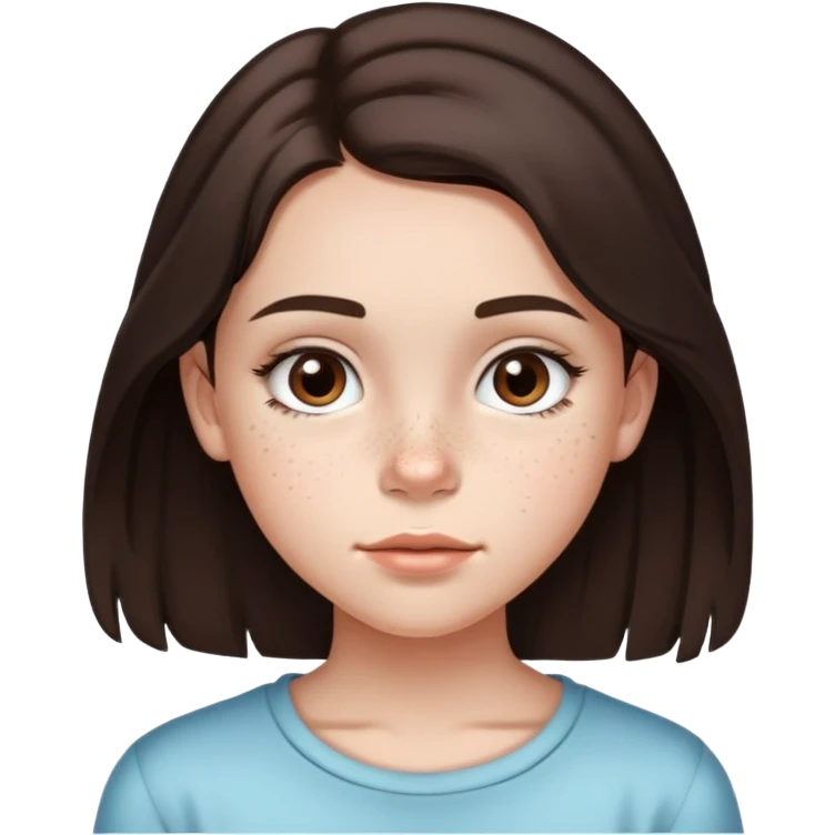 13 year old girl with mid length dark brown hair with minimal highlights, freckles, big forehead and nice lips emoji