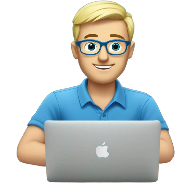 man looks 35 classes, european, tech nerd love , blue shirt blond short hair, blue eyes with specs behind macbook on with electronics pcb on the desk emoji