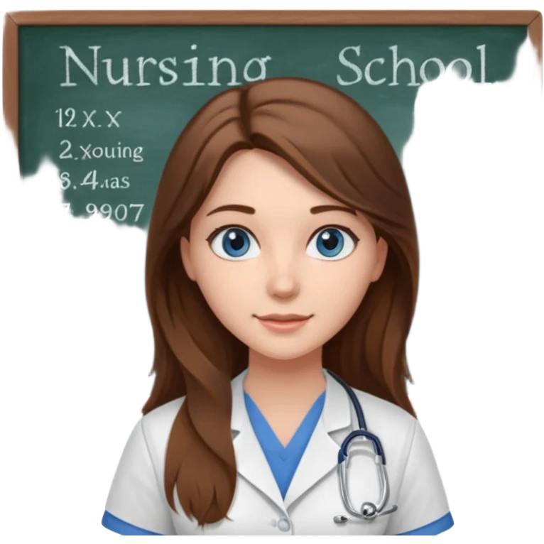 university classroom that says nursing school on the blackboard with a pretty female nursing student with long brown hair, blue eyes emoji