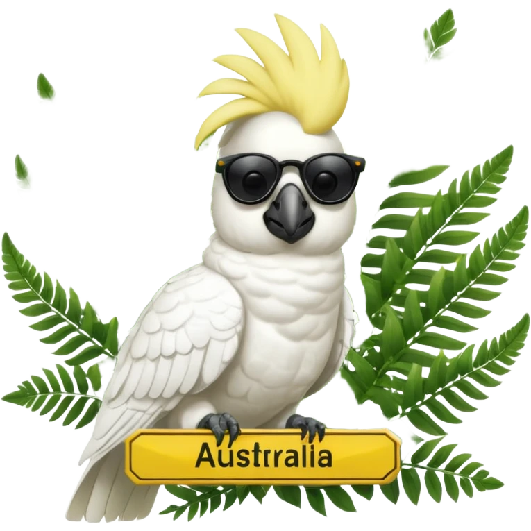 sulfer crested cockatoo wearing sunglasses sitting in a green fern tree with an australian street sign saying 'cockatoo' emoji