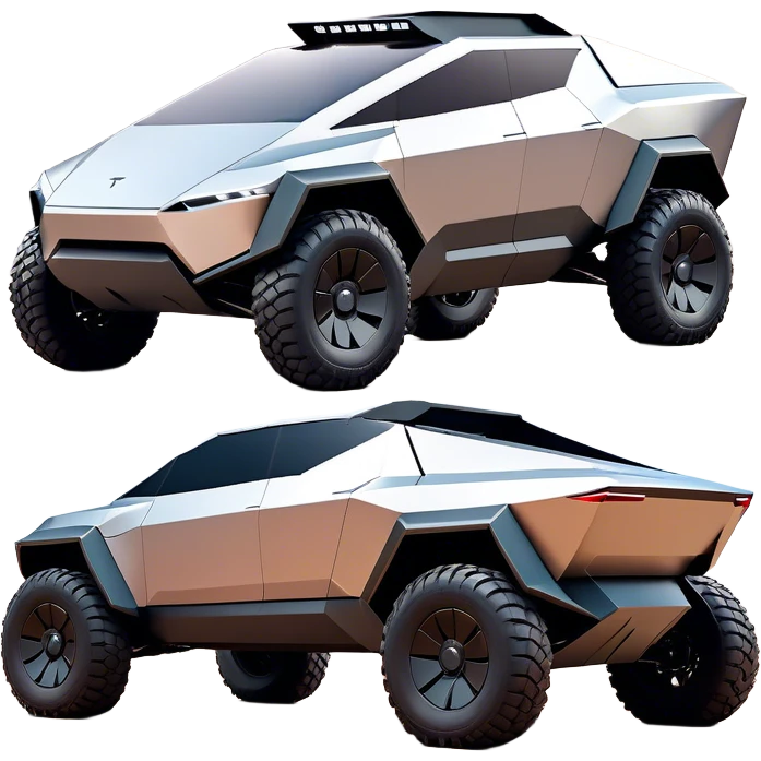 Tesla Cybertruck - A futuristic Tesla Cybertruck, angular and geometric with a sharp, triangular body shape. Stainless steel exoskeleton with a raw, unpainted, brushed-metal finish. A sleek, narrow LED light bar stretches across the entire front. Large, rugged off-road tires with exposed wheel arches. Smooth, handle-free doors and a slanted, armored rear with a retractable tonneau cover. Rear LED strip mirroring the front. The vehicle looks like a sci-fi-inspired, bulletproof stealth tank on wheels, set in a high-tech urban environment at sunset, with reflections on its metallic surface. emoji