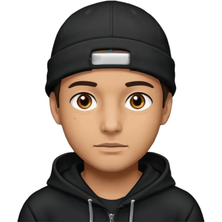 Guy wearing a black hoodie and a black cap his eyes hunter eyes brown and his skin white but tanned  emoji