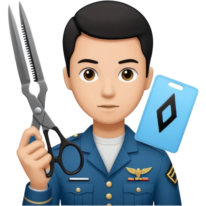 Floating black Scissors cutting a light blue military ID card in 2 parts .hyper realistic emoji