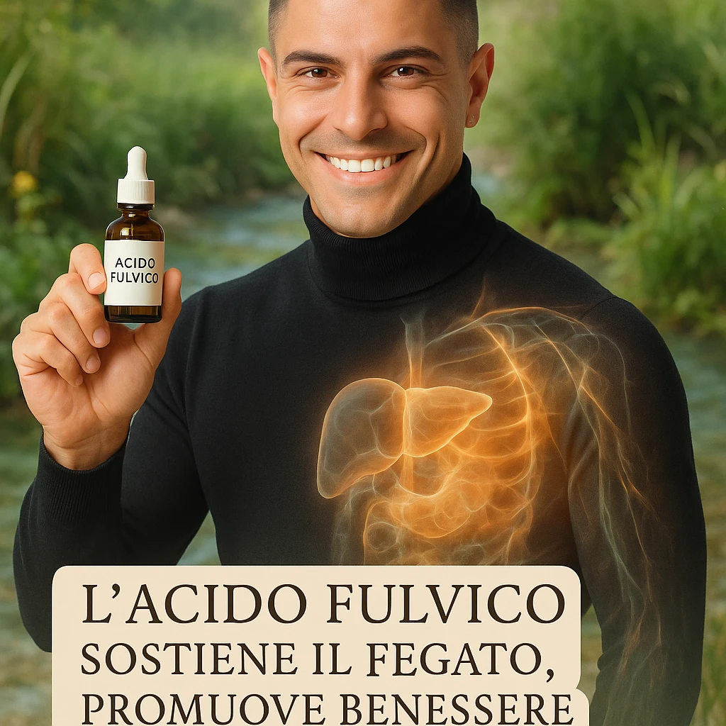 Uomo con il volto del riferimento, tiene una boccetta 'acido fulvico', energia traslucida che attraversa fegato e pelle, ambiente naturale, piante e acqua pulita sullo sfondo, stile wellness, testo in italiano. emoji