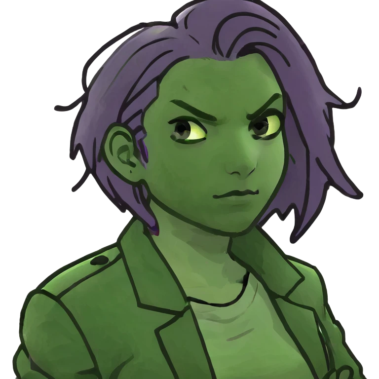 Man with stylish green jacket and purple hair, strong pose, bold expression, modern clothing style emoji