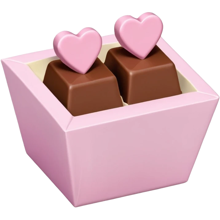 Two square milk chocolate , Each praline is a sharp-edged cube with smooth glossy chocolate coating, placed in a small white fluted paper candy cup. On top of each cube is a flat pastel pink heart-shaped icing emoji
