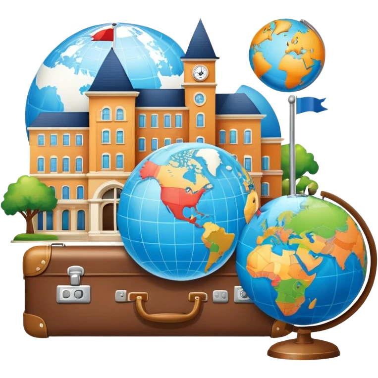 An icon featuring a suitcase, a globe, and a hotel building, symbolizing tourism and hospitality studies. The design includes a map and compass, representing travel research and industry analysis. Transparent background emoji
