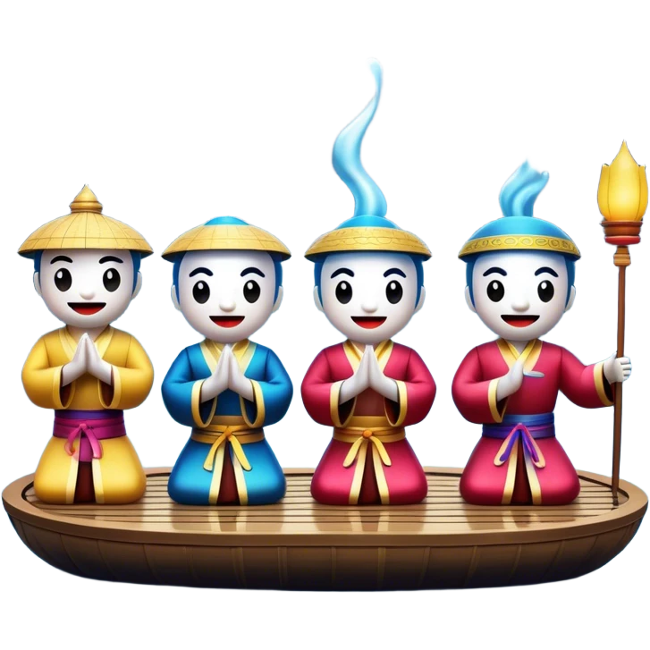 Cinematic Realistic Water Puppetry Emoji, depicted as a whimsical scene of traditional water puppets performing on a reflective water stage, rendered with vivid textures and dynamic playful lighting that captures its enchanting charm. emoji