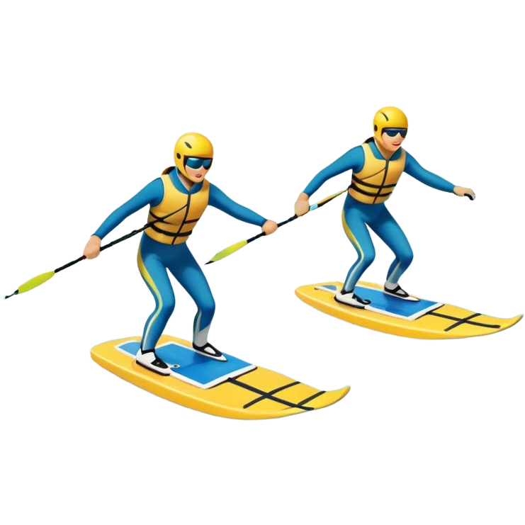 A humanless icon showing a close-up pair of water skis skimming across the surface of a lake in motion. The design includes a wake behind splashing water, and the sun reflecting on the water. Transparent background highlights the speed and thrill of water skiing. emoji