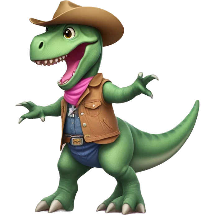 rex dinosaur surfing a pink hello dressed in cowboy emoji