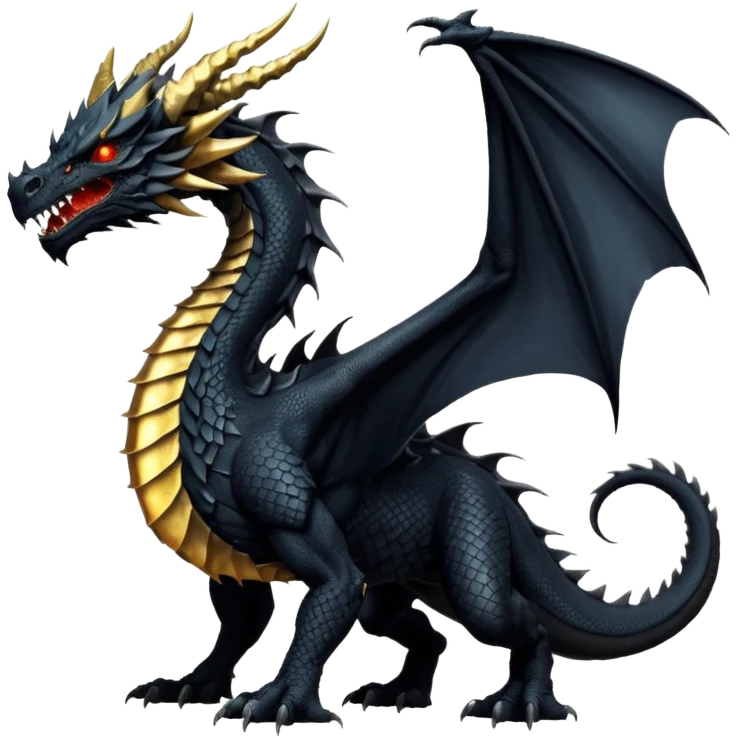 Massive ancient black dragon with obsidian scales, scarred powerful wings, glowing gold eyes, long curved horns, spiked neck ridges, and a brutal morningstar tail. Intimidating, muscular, regal presence. emoji