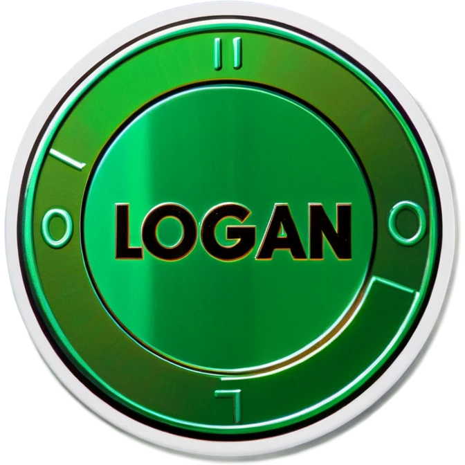Green shiny coin that says the word “Logan” emoji