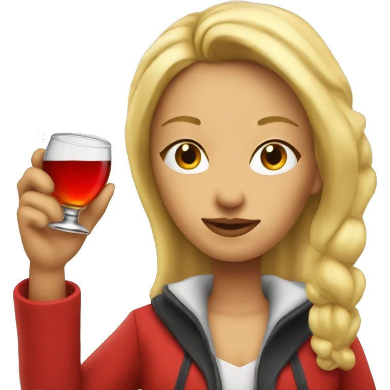 Blond woman with red jacket drinking a shot emoji