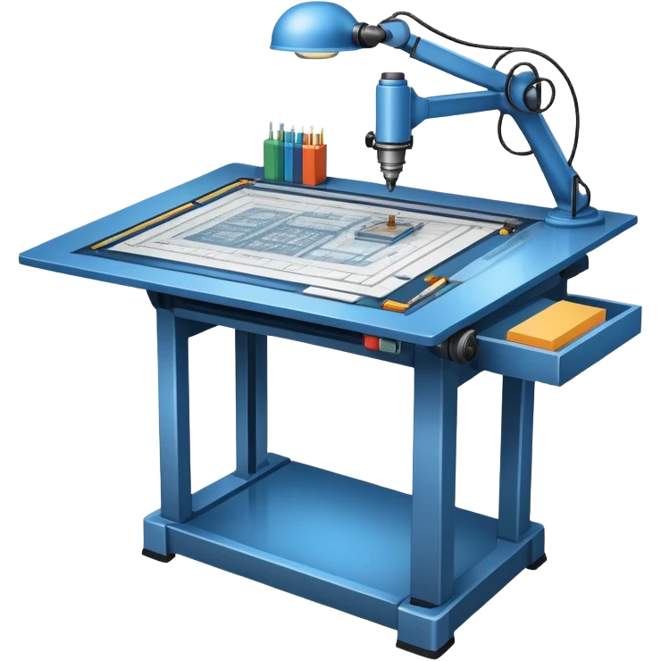 An icon featuring an engineering drafting table with a blueprint, a ready machine, and microchips, symbolizing engineering. The design includes gears, tools, and circuit boards, representing the design, creation, and innovation in technology. Transparent background highlights the science of building emoji