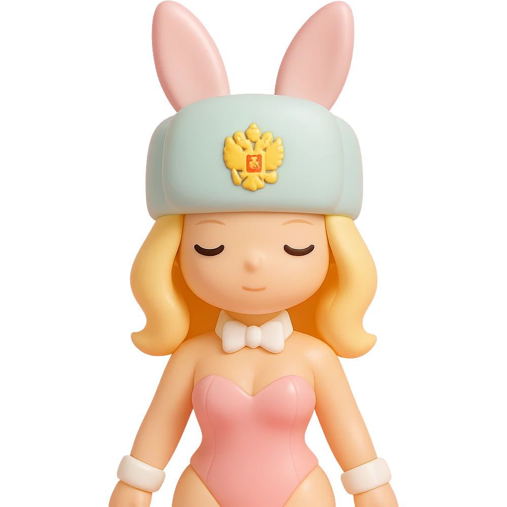 female PlayBoy Bunny character in pink costume, wearing a white ushanka hat with Russian coat of arms emoji