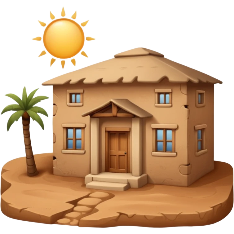 traditional mud building house, simple boxy shape, textured adobe or mud walls, small windows, authentic architectural details, front view emoji