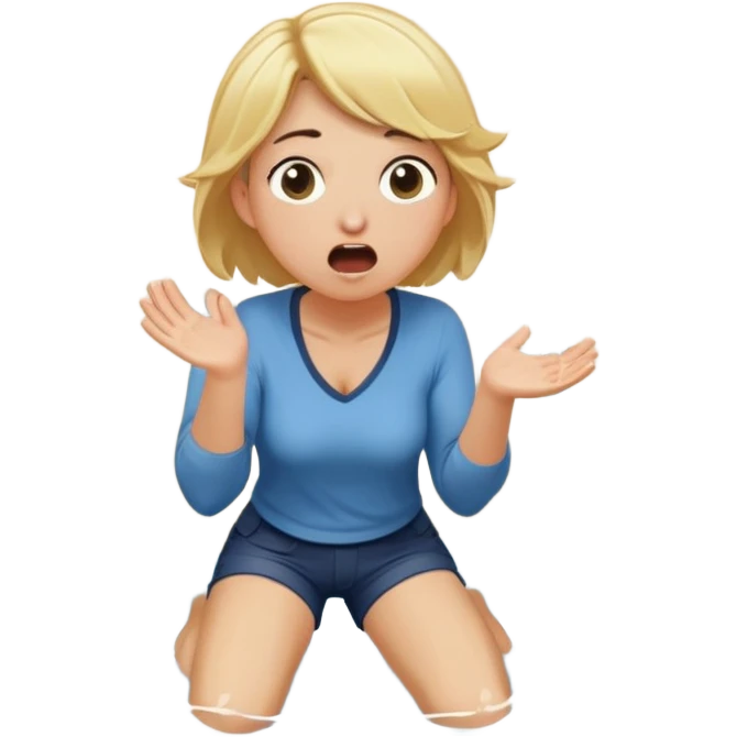 simple, round-faced blond woman kneeling, surprised expression, cartoonish wide stick with a D-shaped knob coming out of a pair of pants hanging in front of her face, water stream squirting from the flat side of the knob into her open mouth emoji